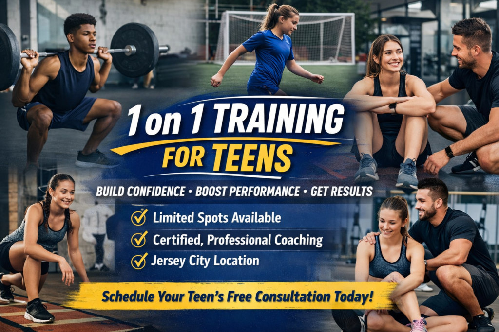 showing 1 on 1 training for teens with a coach guiding teen athletes in strength training, soccer drills, and fitness exercises in a professional gym setting.