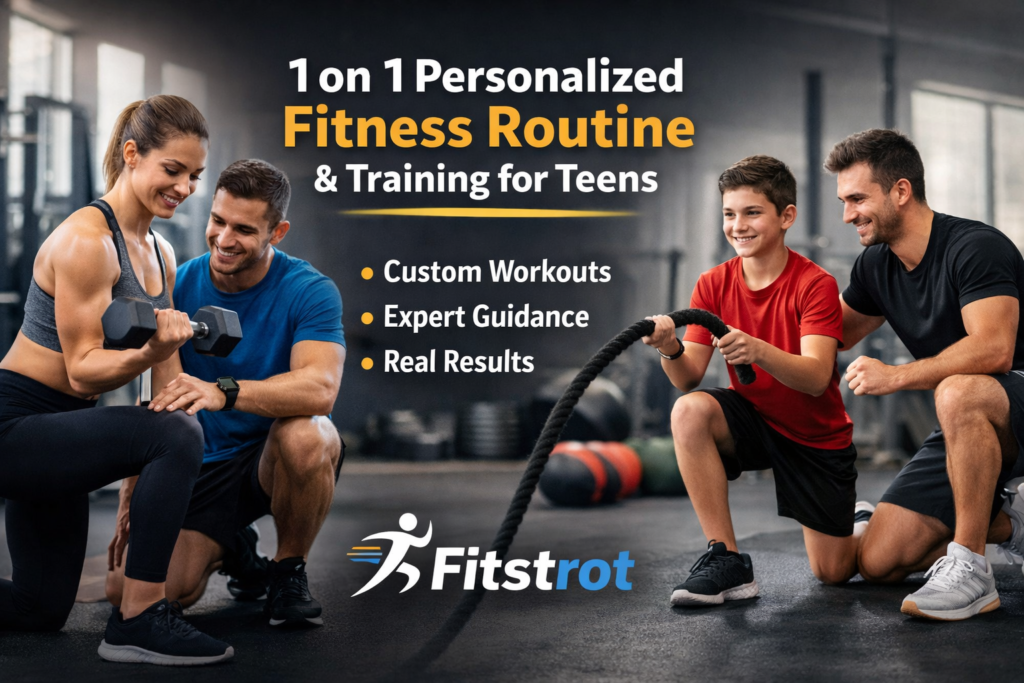 Personal trainer guiding an adult and a teen in a gym, showcasing a 1 on 1 personalized fitness routine and safe 1 on 1 training for teens at Fitstrot.