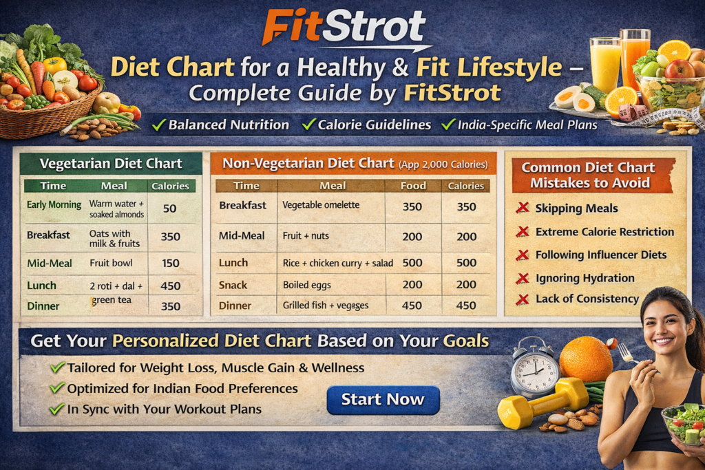 Indian diet chart with meal plan and calorie breakdown for fitness goals