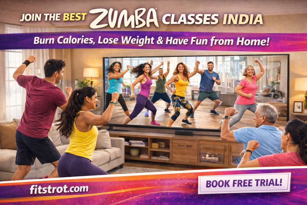 Online Zumba classes India by Fitstrot showing certified instructors, live and recorded Zumba sessions, fitness benefits, free trial offer, and FAQs for Indian users looking to get fit from home.