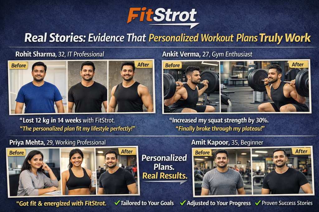 Before and after transformation results of real FitStrot clients using personalized workout plans for weight loss, strength improvement, and overall fitness