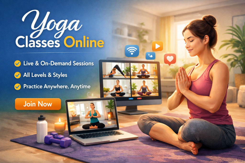 Advanced yoga classes online with live virtual yoga training, showing an instructor-led yoga session practiced at home.