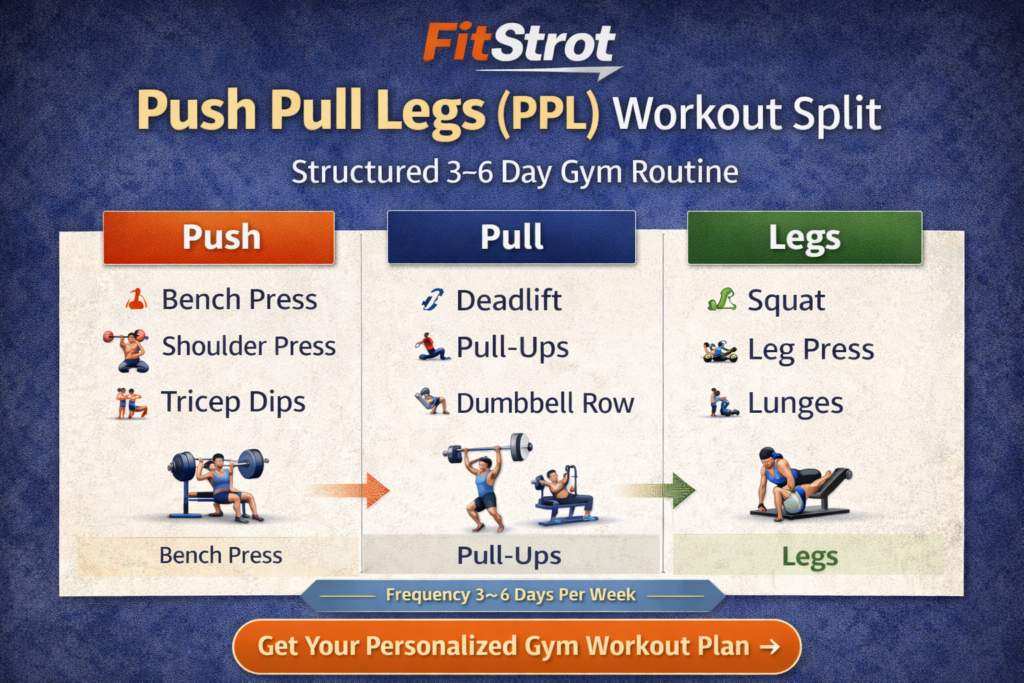 Push pull legs workout split explaining push exercises, pull exercises, and leg workouts in a structured gym workout plan