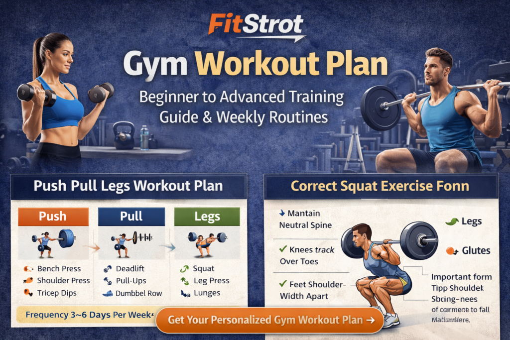 Gym workout plan designed by FitStrot showing structured training for muscle gain, fat loss, and strength for beginners to advanced levels