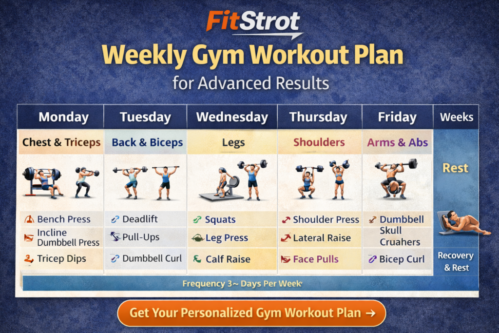 Weekly gym workout plan chart showing day-wise training split for full body, push pull legs, and muscle recovery