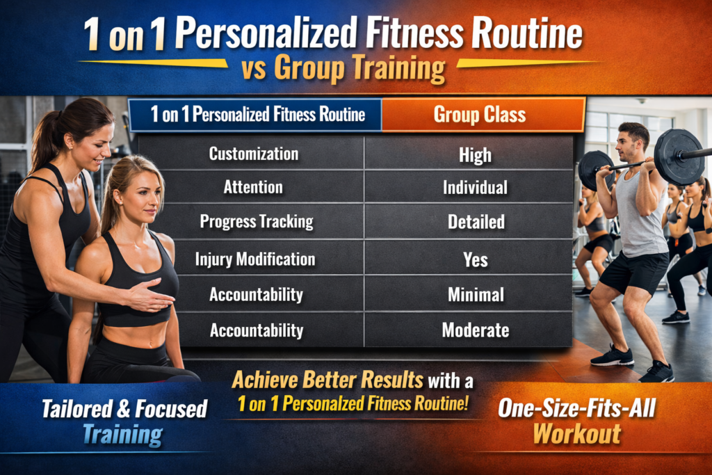 infographic showing a 1 on 1 personalized fitness routine vs group class. Trainer guides a client individually, highlighting customization, attention, progress tracking, injury modification, and accountability for better results.