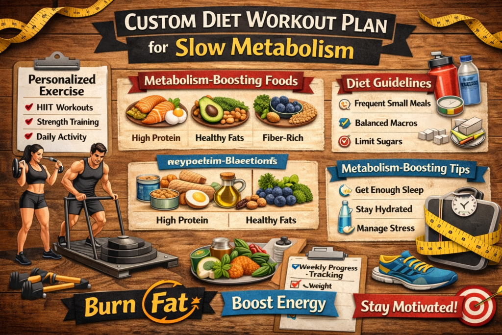 “Custom Diet Workout Plan for Slow Metabolism” showing personalized exercises (HIIT, strength training, daily activity), metabolism-boosting foods (high protein, healthy fats, fiber-rich), diet guidelines, lifestyle tips, and weekly progress tracking for fat loss and energy improvement.