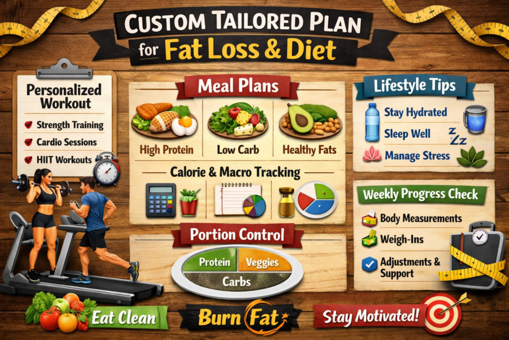 Custom Tailored Plan for Fat Loss & Diet” showing personalized workouts (strength, cardio, HIIT), balanced meal plans (high protein, low carb, healthy fats), calorie and macro tracking, portion control plate, lifestyle tips (hydration, sleep, stress), and weekly progress check with motivational fitness visuals.