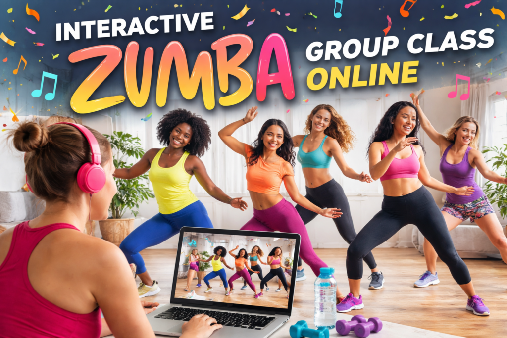 A woman wearing pink headphones follows an interactive online Zumba group class on her laptop. Five diverse women in colorful workout outfits dance energetically in a bright living room. Confetti and musical notes emphasize a fun, lively virtual fitness session.