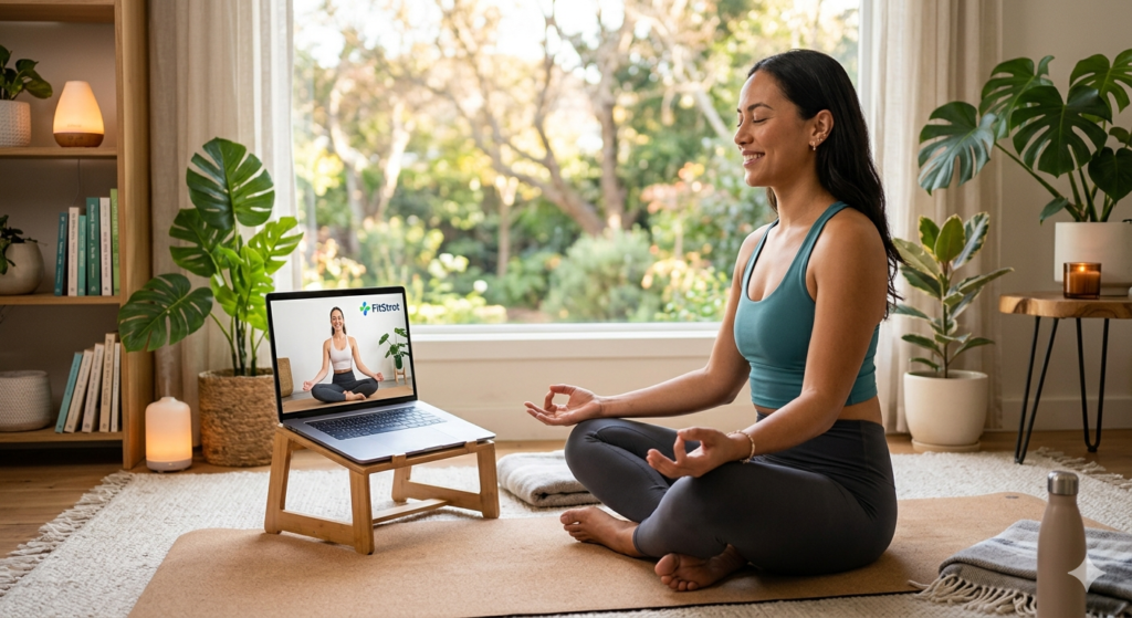 A woman meditates in a sunlit room using a FitStrot online yoga class on her laptop. Surrounded by plants and soft light, the scene evokes mental wellness and a calm mind-body transformation.