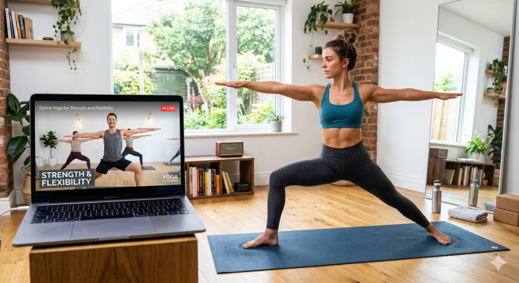 A woman performs a strong Warrior II pose in a bright studio, following an online "Strength & Flexibility" yoga class on a laptop. The scene highlights physical transformation and athletic focus.