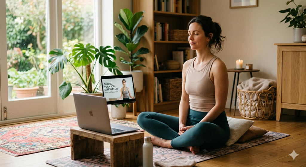A woman in teal leggings and a beige top meditates in a sunlit home. Before her, a laptop and floating screen stream "GNLINE YOGA FOR STRESS RELIEF," surrounded by monstera plants and bookshelves.