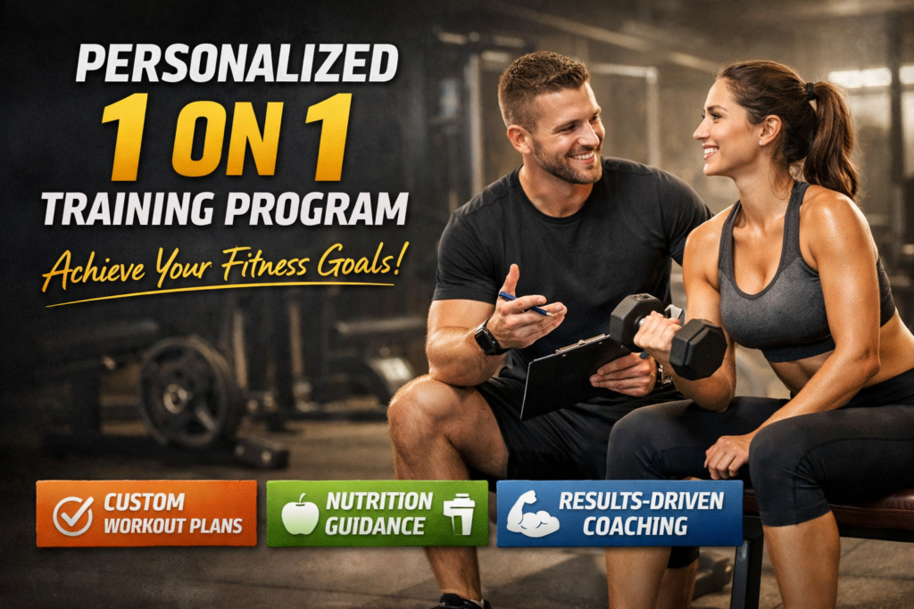 Personalized one-on-one fitness training program advertisement showing a trainer coaching a woman doing dumbbell curls in a gym, with text highlighting custom workout plans, nutrition guidance, and results-driven coaching.