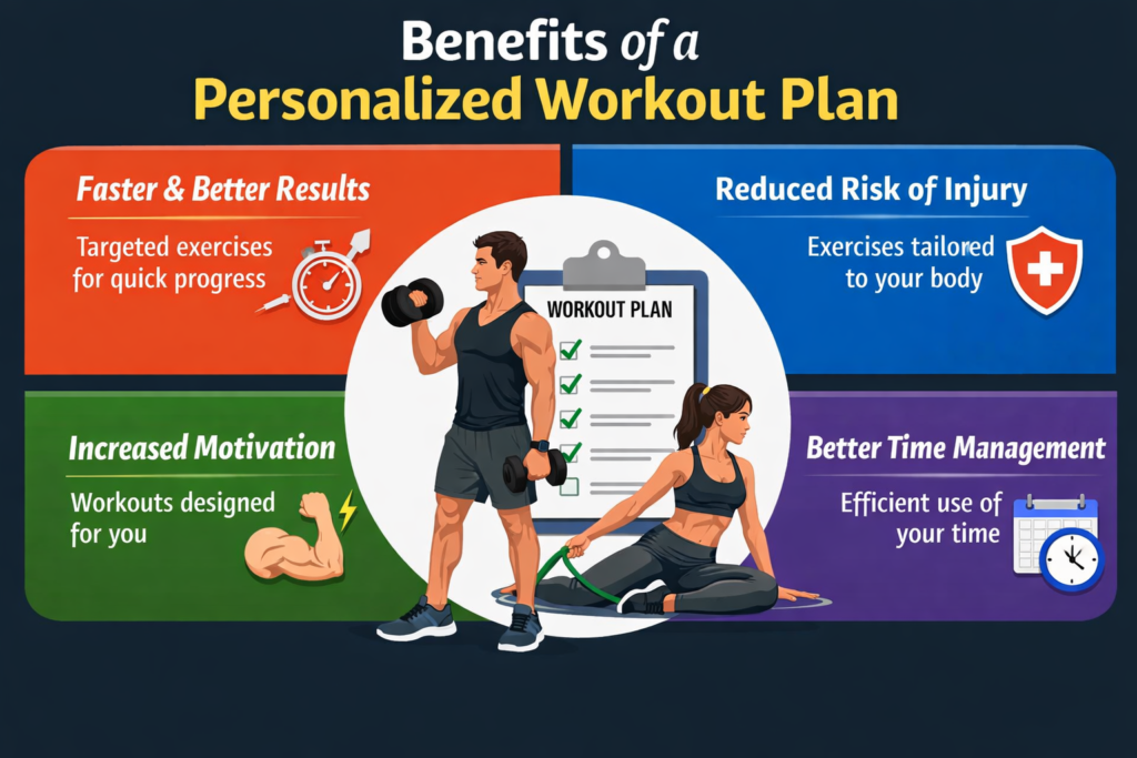 Infographic titled "Benefits of a Personalized Workout Plan" featuring a fit man lifting dumbbells and a woman stretching with a resistance band. Four sections highlight key benefits: Faster & Better Results (stopwatch icon), Reduced Risk of Injury (shield icon), Increased Motivation (bicep icon), and Better Time Management (calendar and clock icon). Bright, modern design.