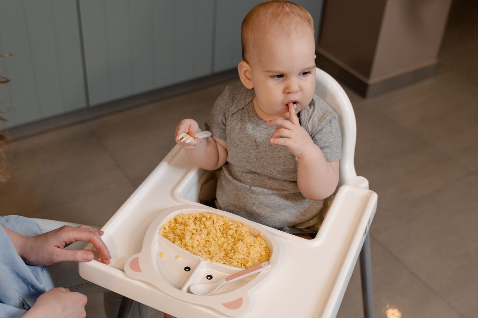 Baby in a high chair self-feeding soft steamed vegetable finger foods