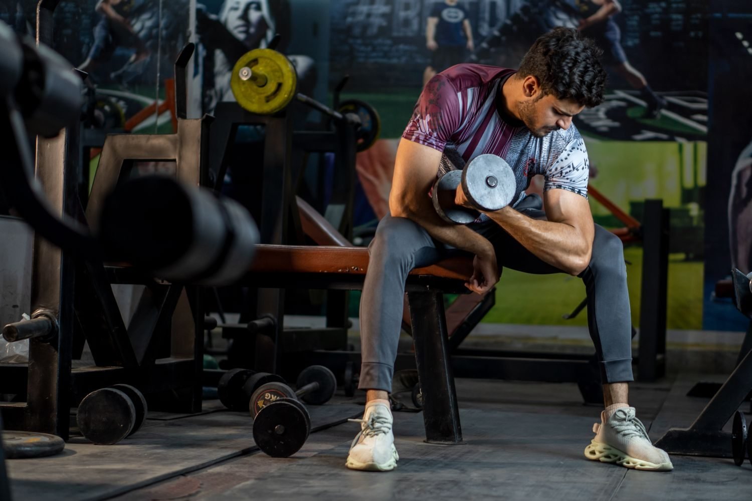 Man performing a seated dumbbell bicep curl at the gym