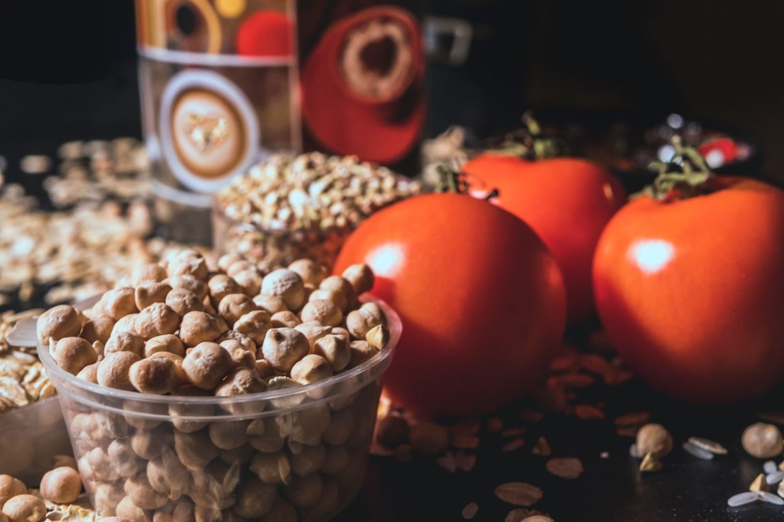 Fresh vegetables, fruits, grains, and legumes arranged as ingredients for a nutrition diet plan