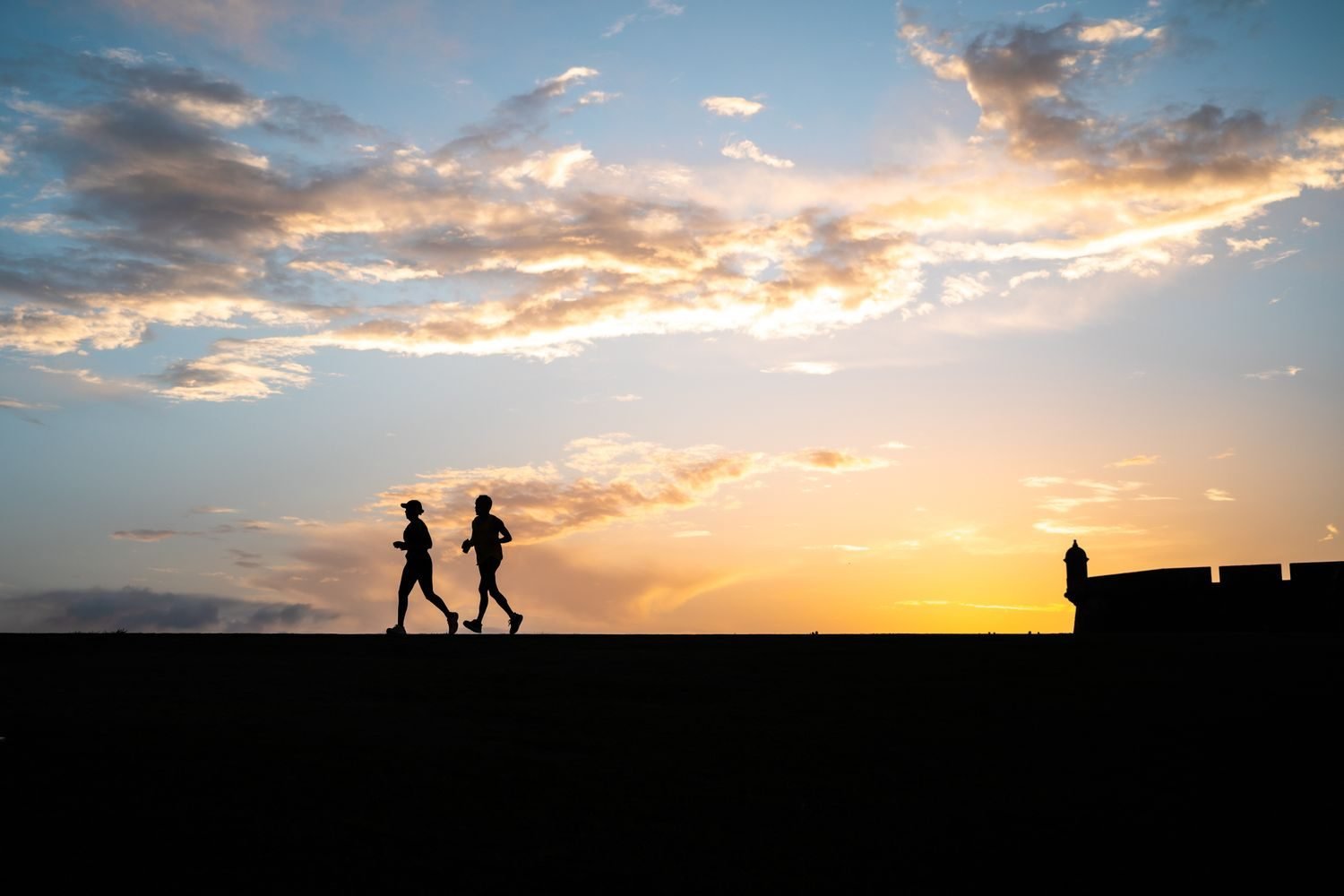 Silhouette of two people running at sunset
