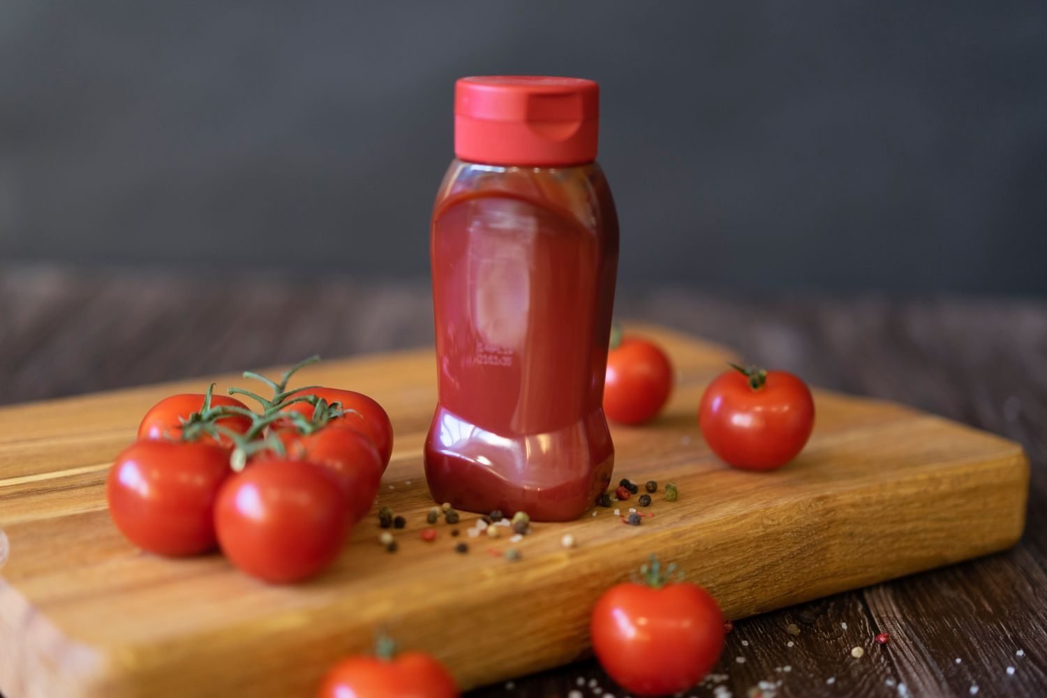 Bottles of ketchup, pasta sauce, and salad dressing lined up with ingredient labels visible