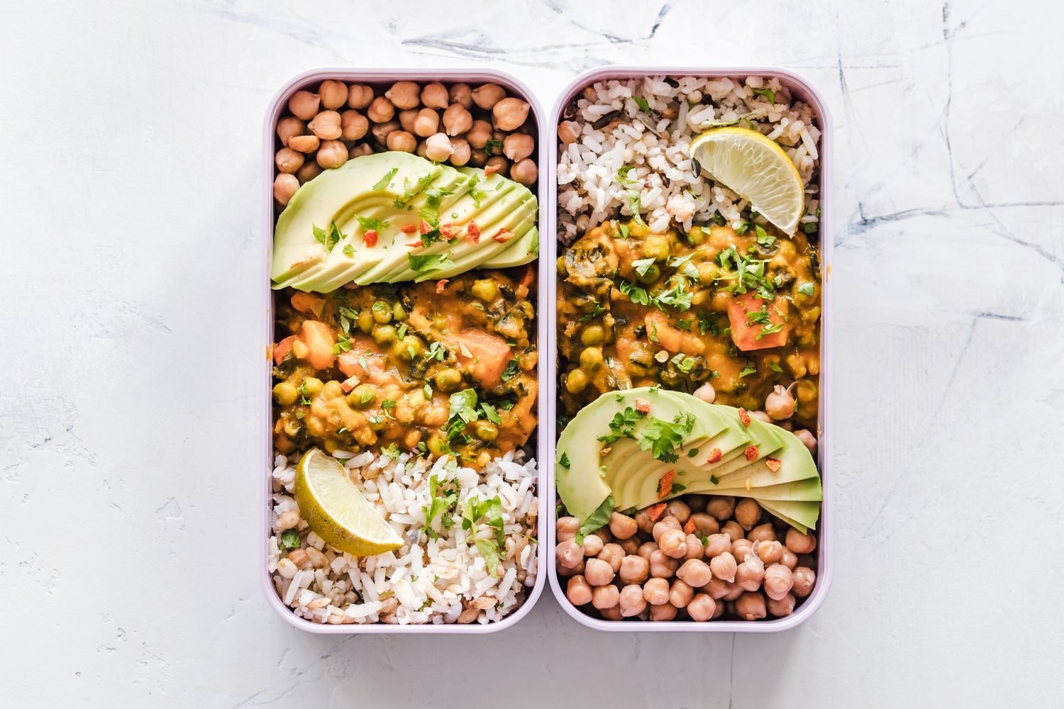 Weekly gluten-free meal plan with rice, lentils, vegetables and fruit laid out for planning