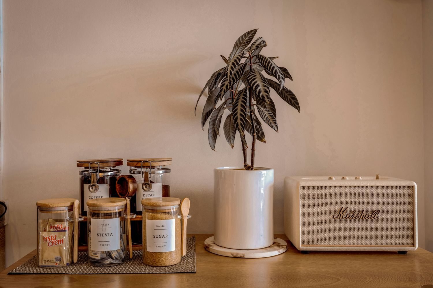 Small glass jars of stevia leaves, monk fruit, and granulated sugar substitute on a kitchen counter