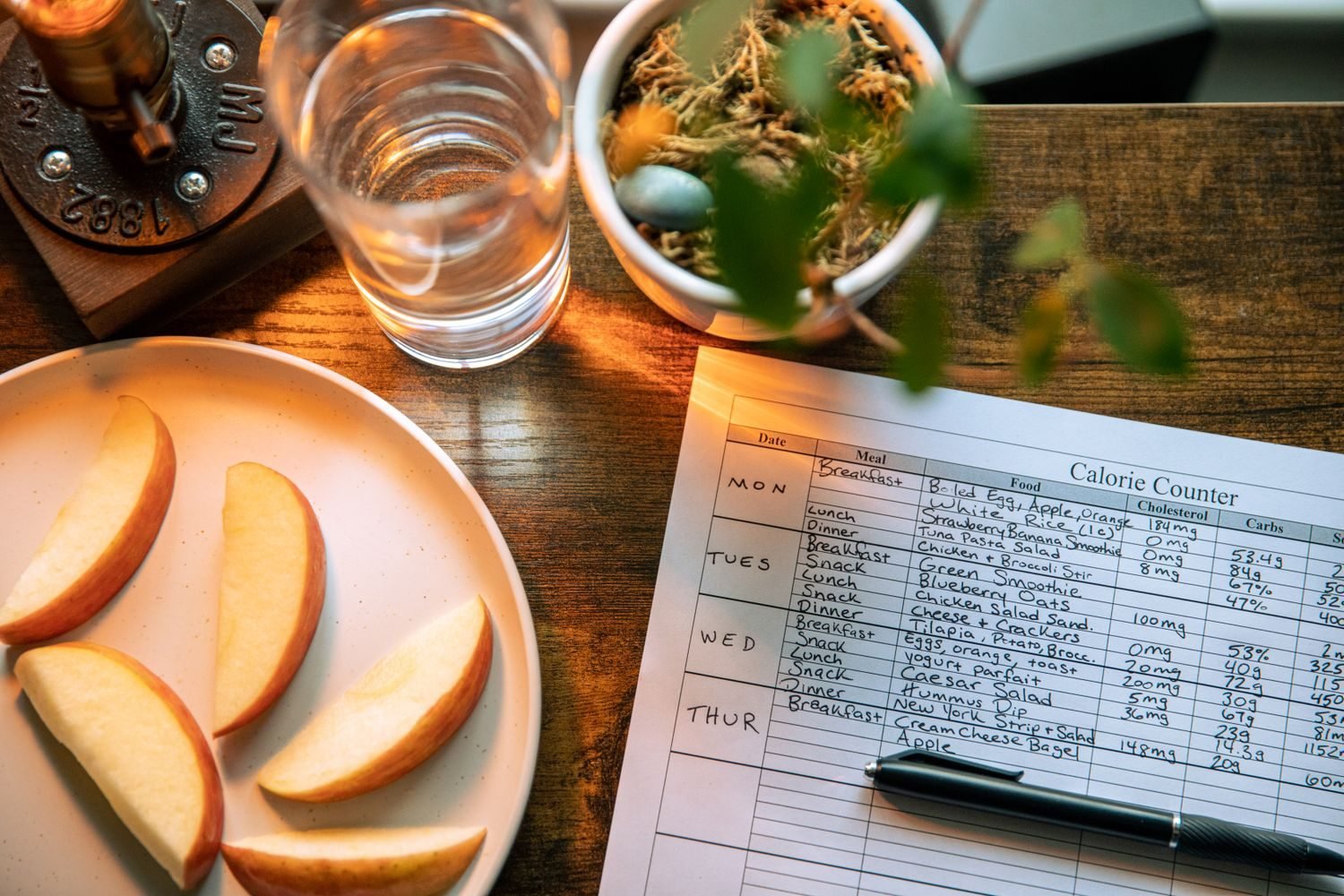 Person using a calculator and food journal to estimate personal daily calorie needs