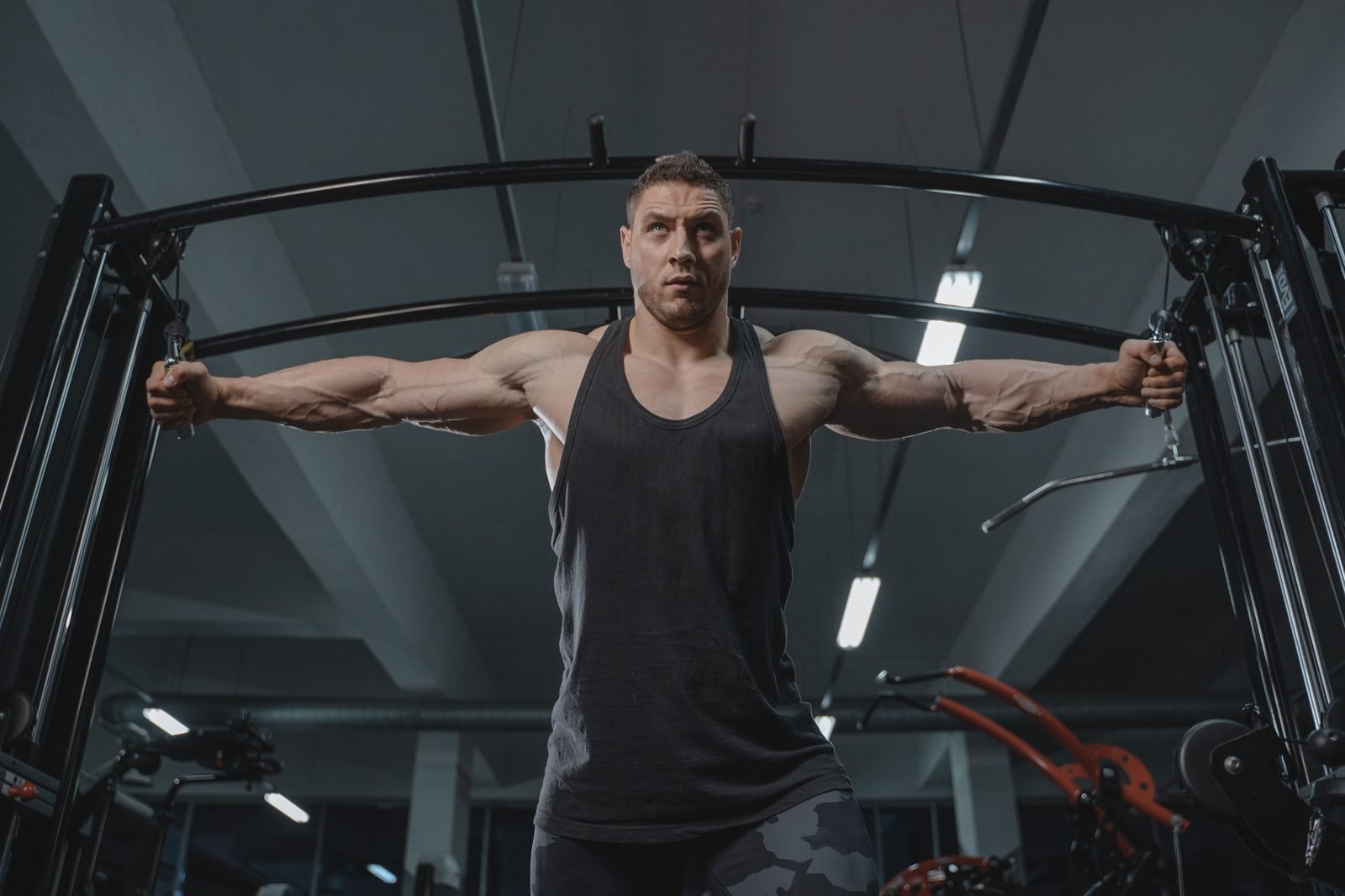 Man performing a cable reverse fly for the rear delts