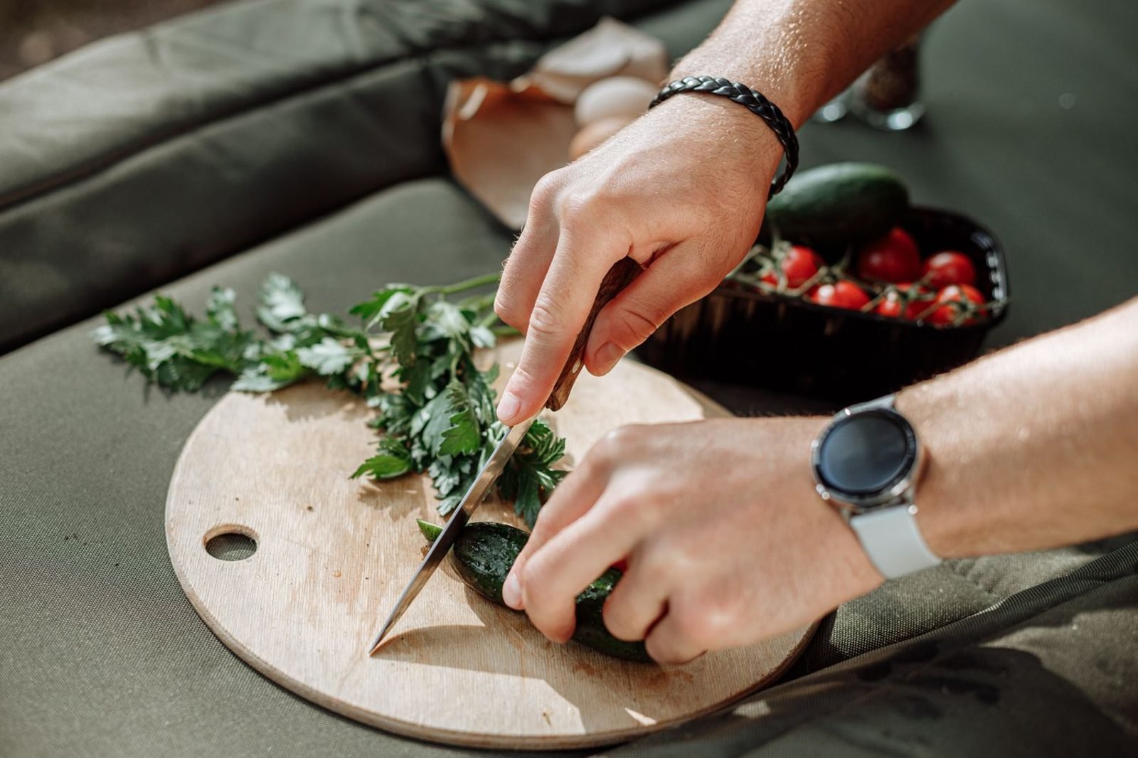 Athlete preparing a balanced pre-workout meal with carbohydrates and protein