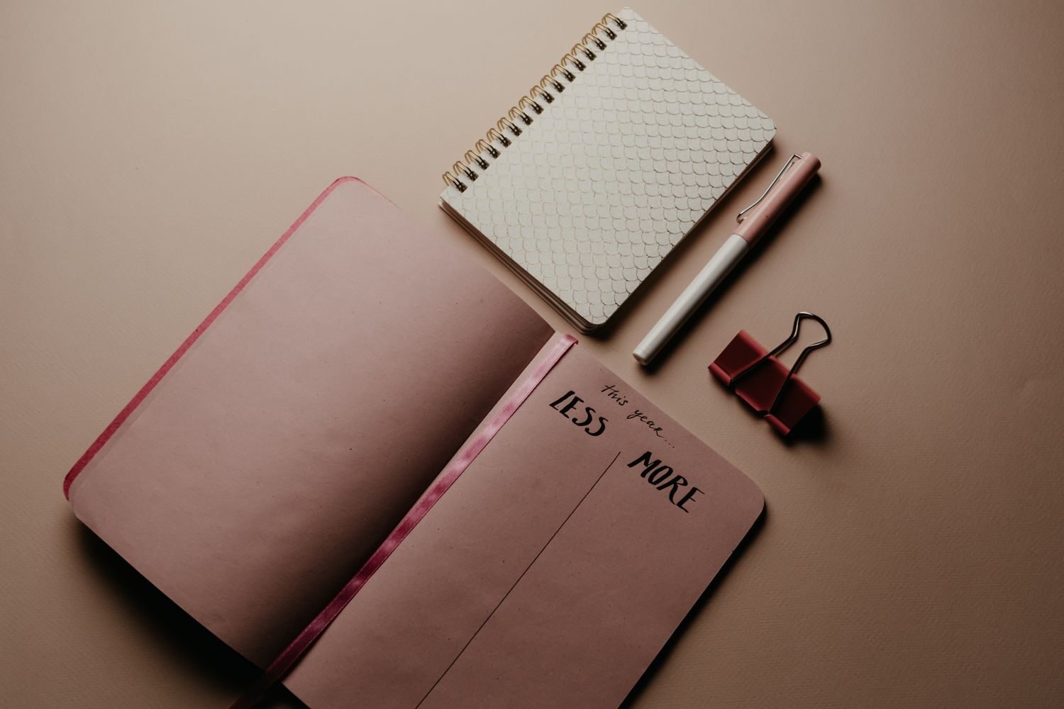 Notebook and pen flat lay used for journaling